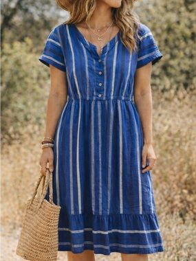 Style & Co. Blue and White Striped V-Neck Midi Dress Cotton pockets